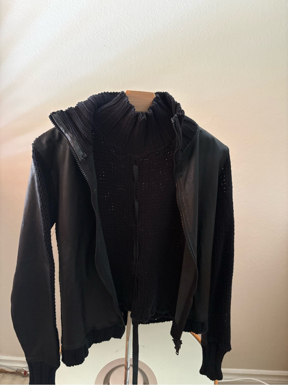 🖤 Italian Knit + Leather Hybrid Jacket with Knit High Neck Top Twin Set